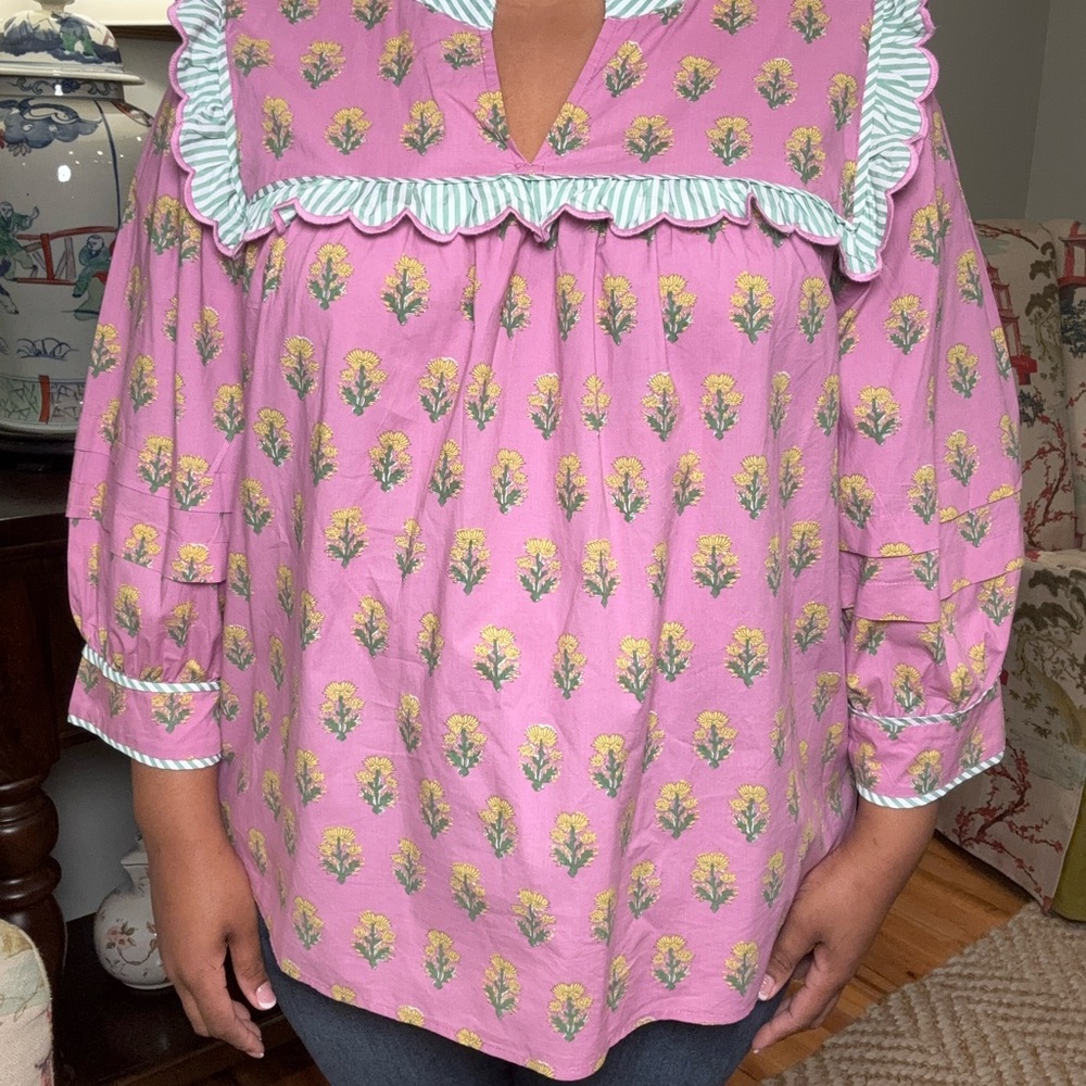 Entro Pink and Yellow Floral Top with Ruffle Detail